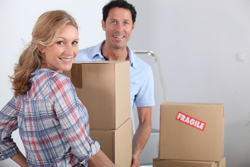 Packed office equipment prepared for transport in East London